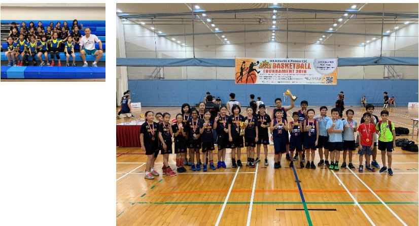 A group of primary school boys and girls basketball players posing at a basketball court with their teachers